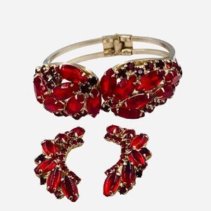 Vintage RED Rhinestone Clamper Bracelet Clip Earring Set